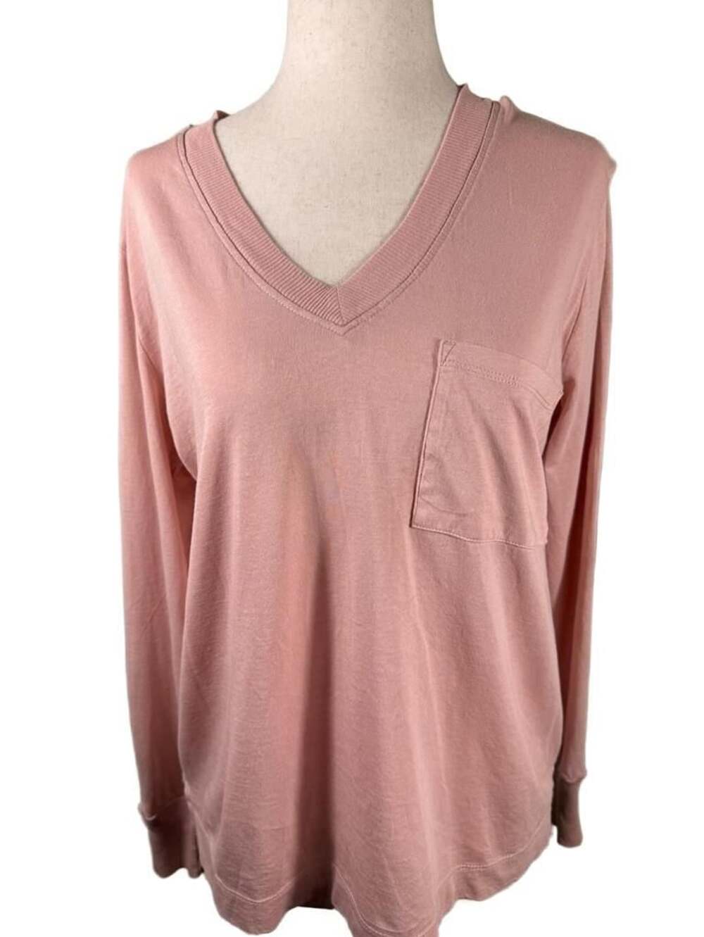 Lou & Grey V-Neck Long Sleeve Pocket Top Size S Pink Supima Cotton h1476